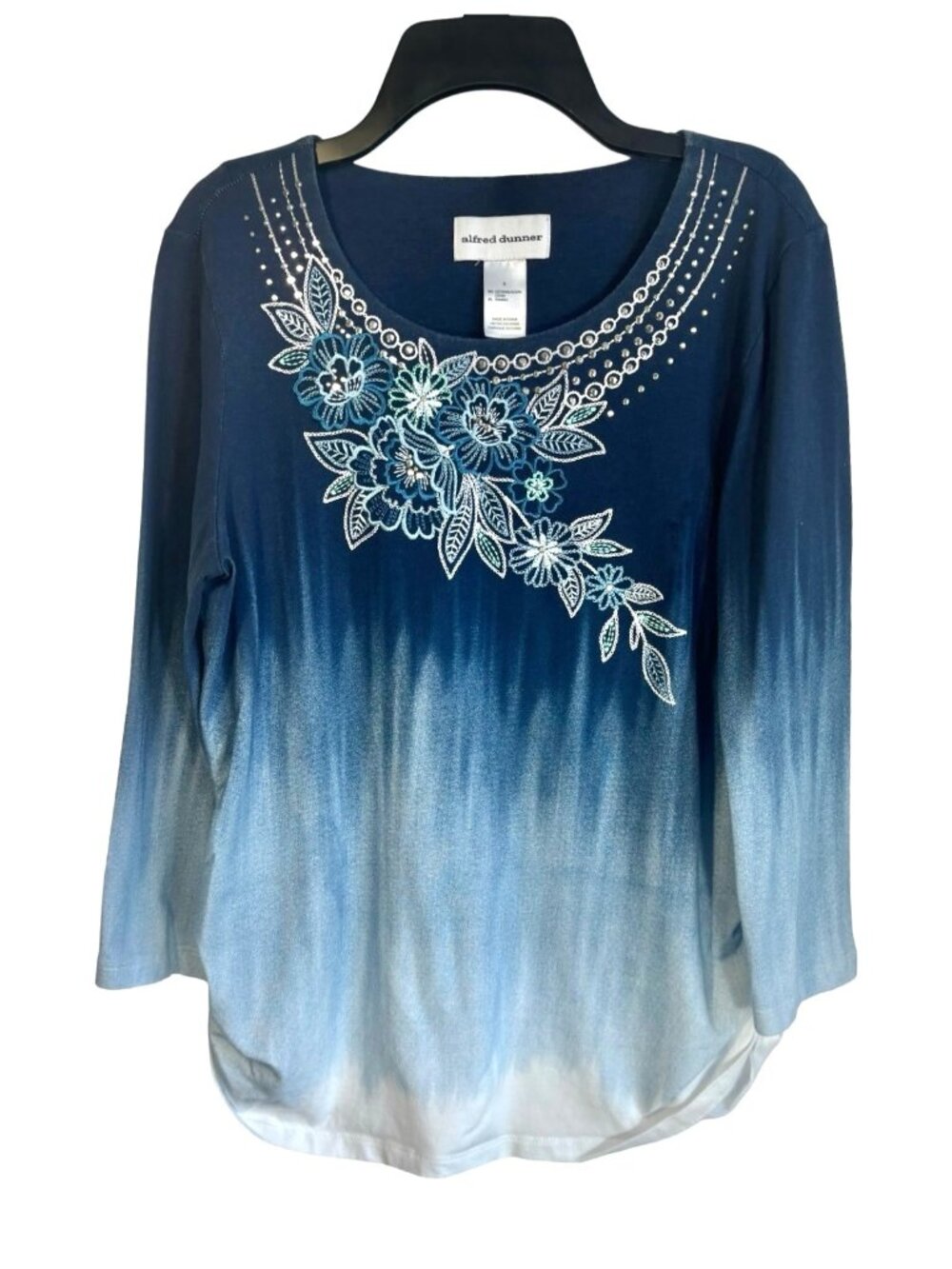Alfred Dunner Top Small Boho Vibes Blue Floral Yoke Ombre Crewneck Shirttail Hem